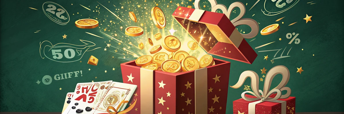 Online casino bonuses guide Ireland - gift box gold coins and percent signs