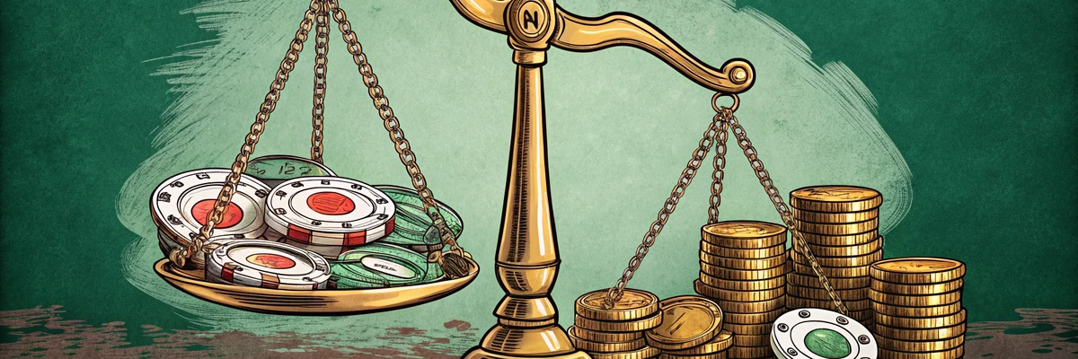 Golden balance scales with casino chips - no wagering vs standard bonus value comparison